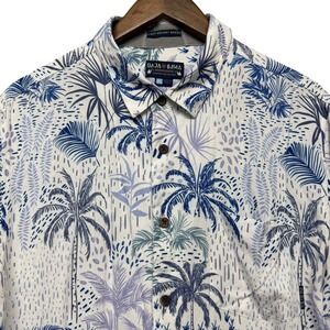 Baja Llama Button Down Shirt Men XL White Blue Tropical Palm Print Resort Aloha